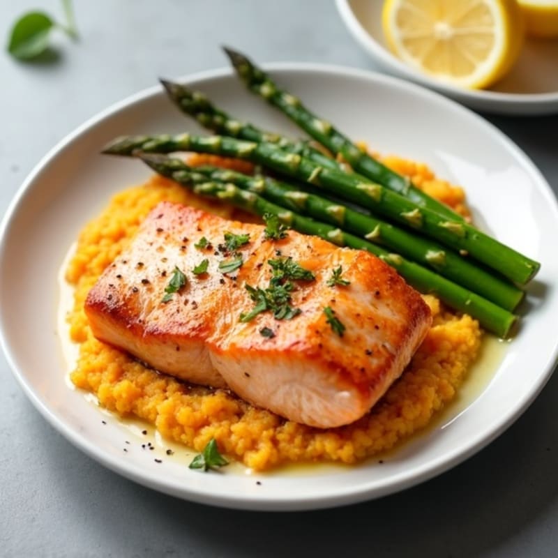 Seared Salmon with Steamed Asparagus and Sweet Potato Mash