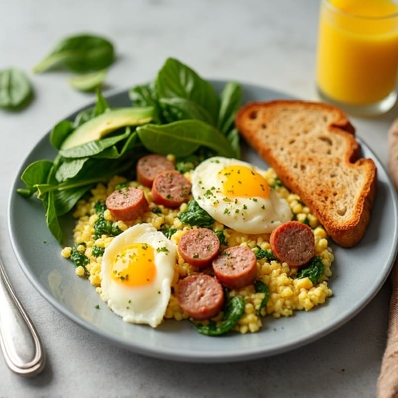 Egg White Scramble with Chicken Sausage and Spinach