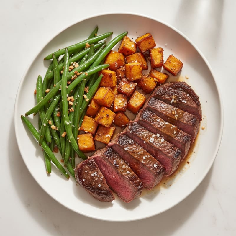 Seared Steak with Garlic Green Beans and Roasted Sweet Potatoes