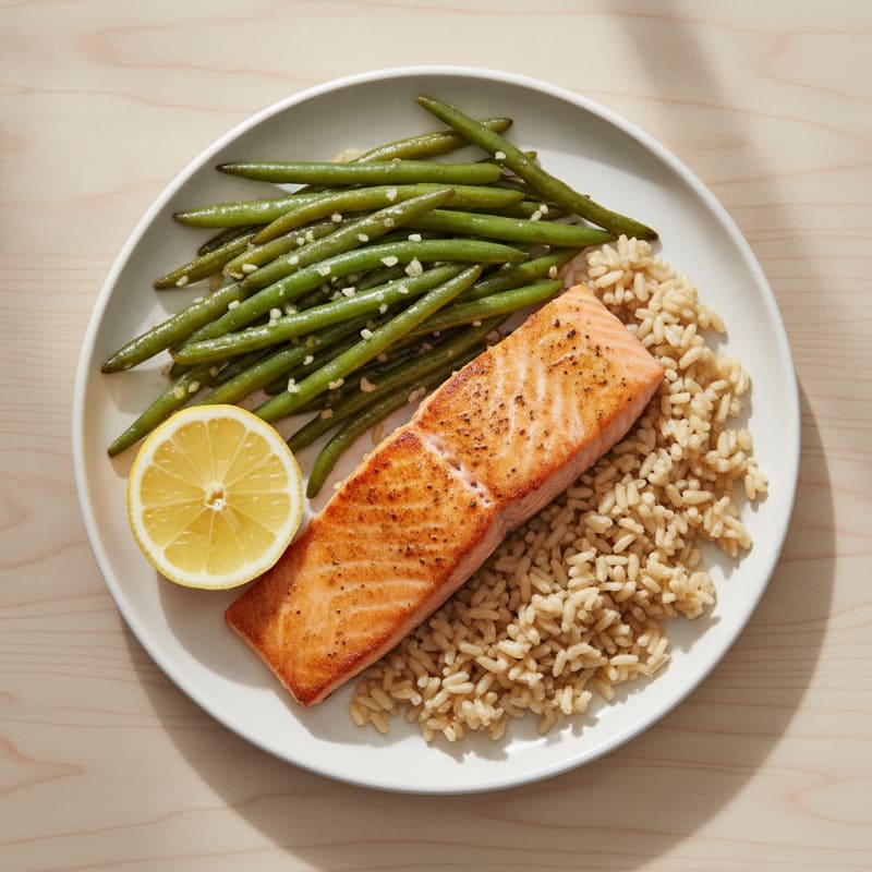 Seared Salmon with Garlic Green Beans and Brown Rice