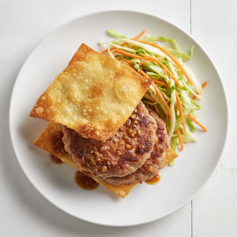 Wonton-Wrapped Pork Burger with Asian Slaw