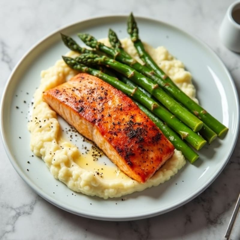 Seared Salmon with Steamed Asparagus and Cauliflower Mash