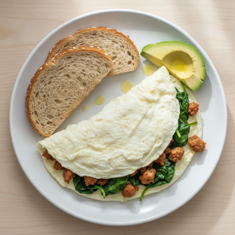 Egg White Omelet with Turkey Sausage and Sautéed Spinach
