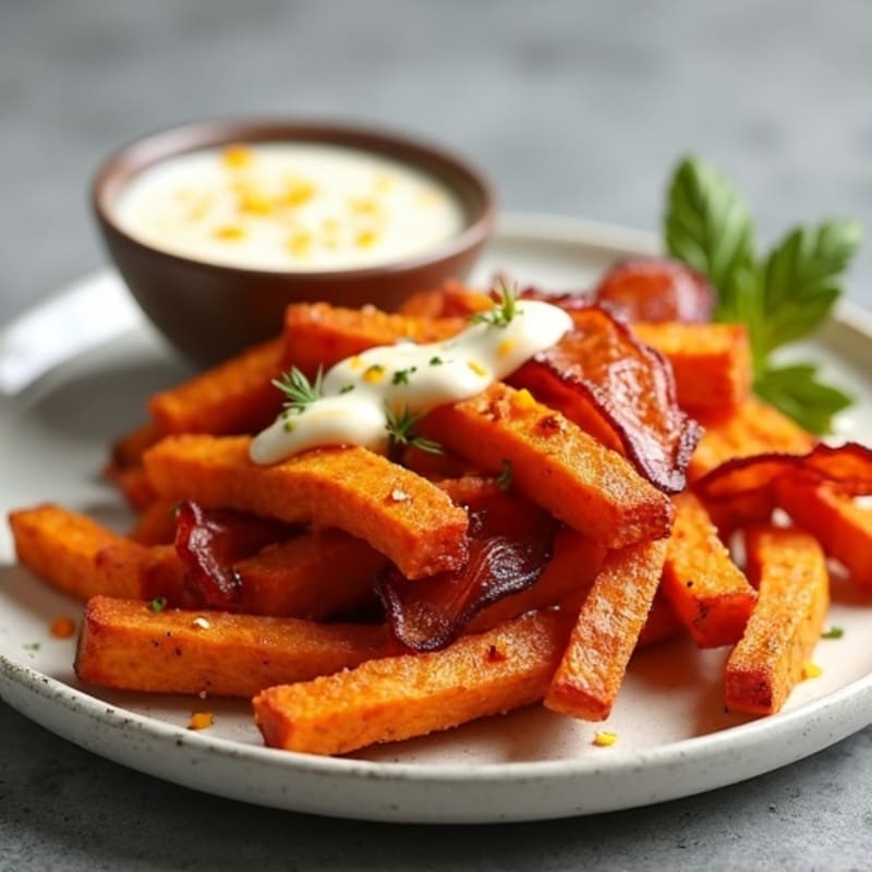 Crispy Roasted Sweet Potato Fries with Lean Bacon and Creamy Cheesy Sauce