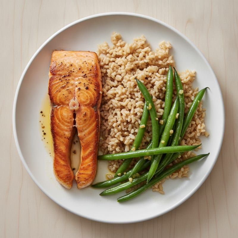 Seared Salmon Fillet with Garlic Green Beans and Brown Rice