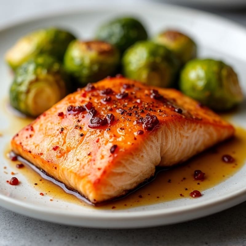 Crispy Skin Salmon with Spicy Maple Glaze and Roasted Brussels Sprouts