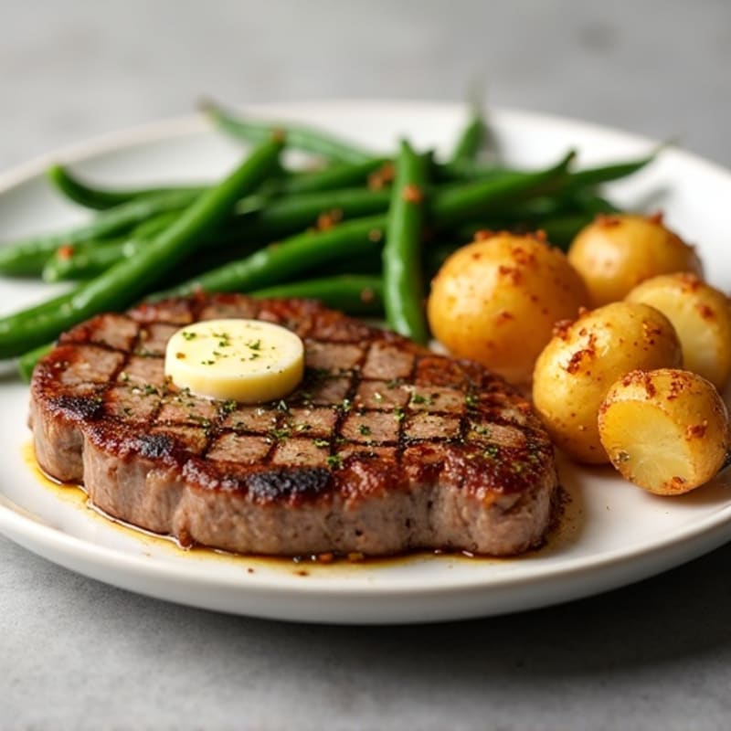 Garlic Butter Pan-Seared Steak with Crispy Roasted Potatoes and Tender Green Beans
