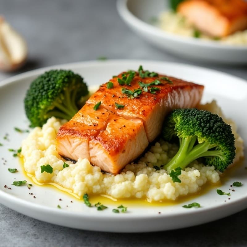 Seared Salmon Fillet with Roasted Broccoli and Garlic Cauliflower Mash