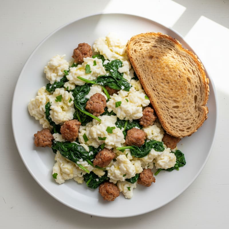 Egg White Scramble with Turkey Sausage and Sautéed Spinach
