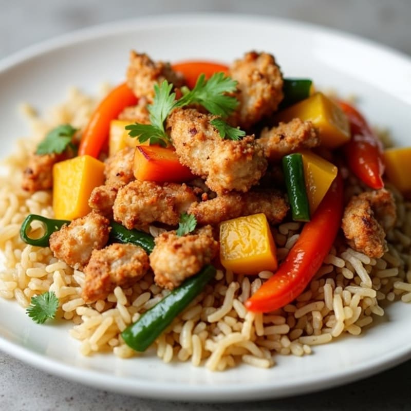 Crispy Chicken and Fresh Vegetable Brown Rice Stir-Fry