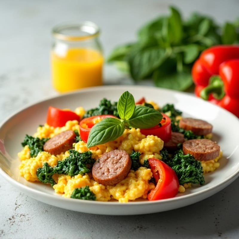 Egg White and Turkey Sausage Scramble with Spinach and Bell Peppers
