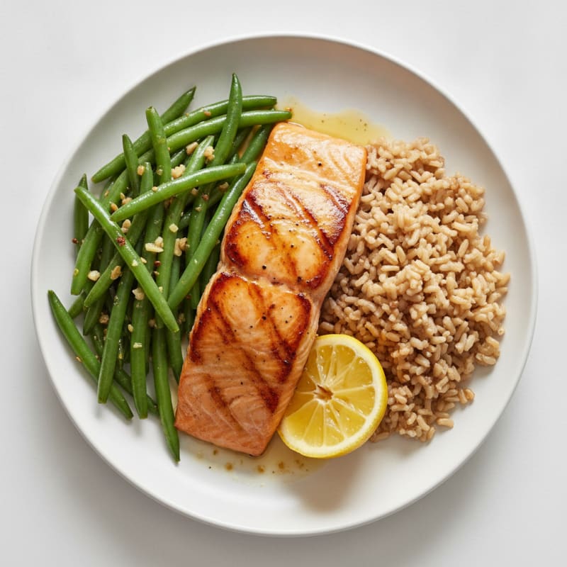 Seared Salmon with Garlic Green Beans and Brown Rice