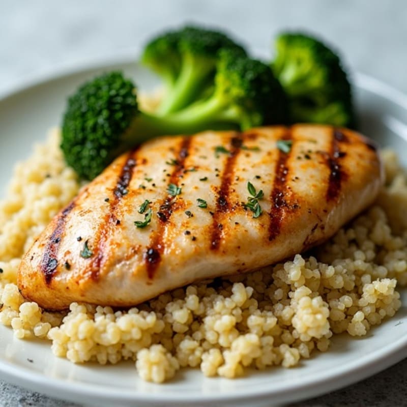 Grilled Lemon-Garlic Chicken Breast with Quinoa and Steamed Broccoli