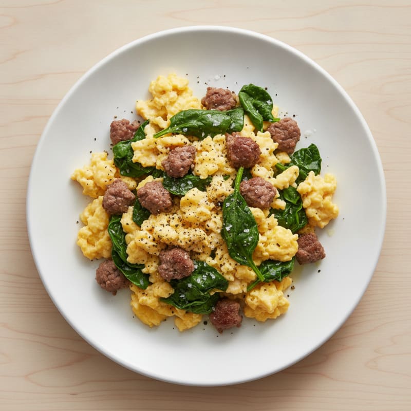 Scrambled Eggs with Sautéed Spinach and Lean Beef