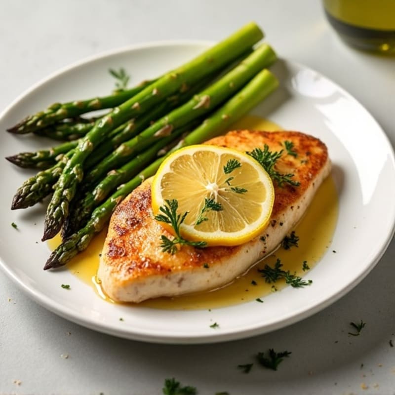 Lemon Garlic Pan-Seared Chicken Breast with Crispy Roasted Asparagus