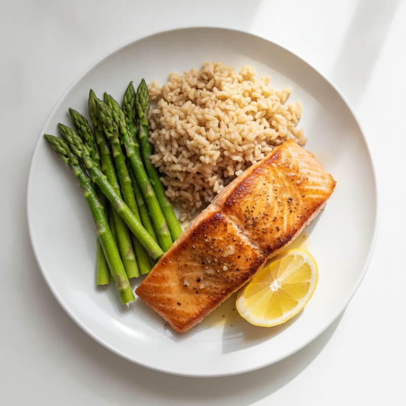 Seared Salmon with Steamed Asparagus and Brown Rice