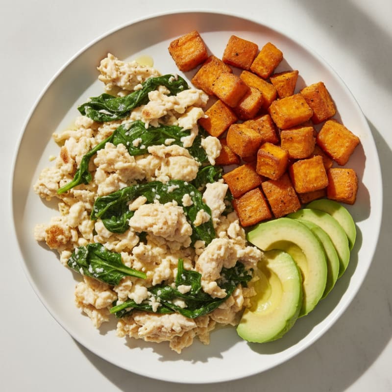 Chicken and Spinach Egg White Scramble with Roasted Sweet Potatoes