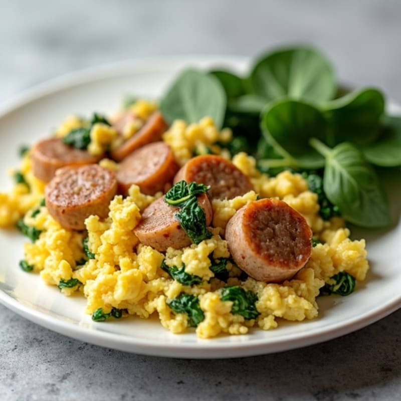 Egg White and Chicken Sausage Scramble with Sautéed Spinach