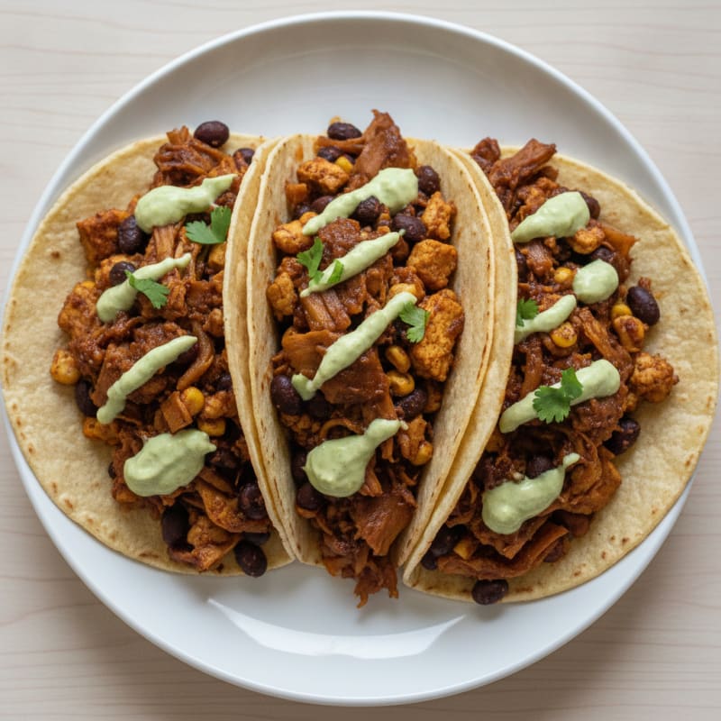 Jackfruit Adobo Tacos with Avocado Crema