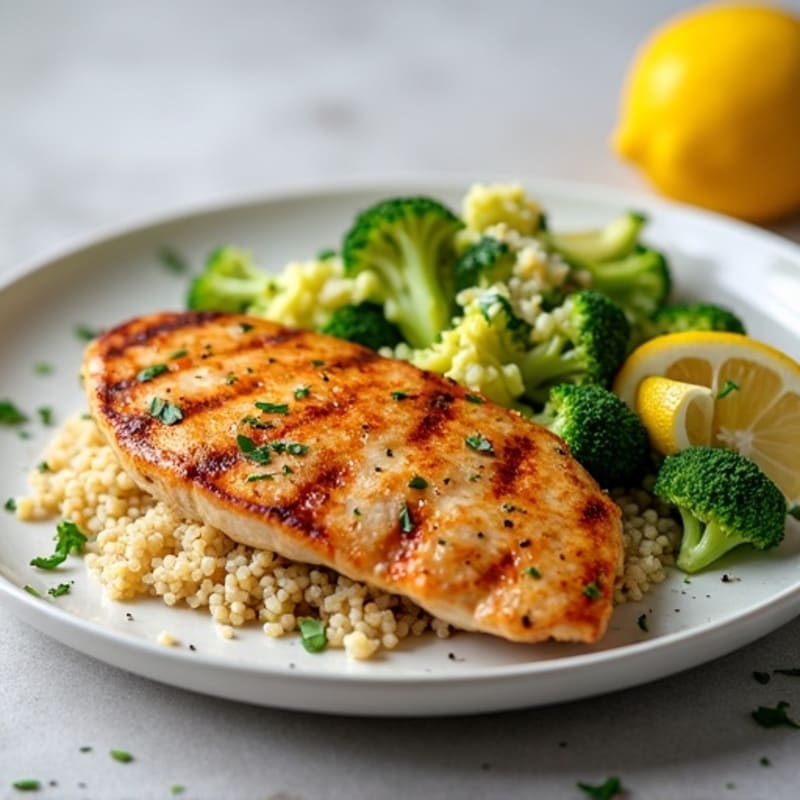 Grilled Chicken Breast with Crunchy Broccoli Slaw and Quinoa