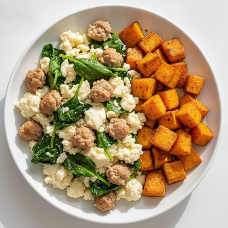 Egg White and Turkey Sausage Scramble with Spinach and Roasted Sweet Potatoes