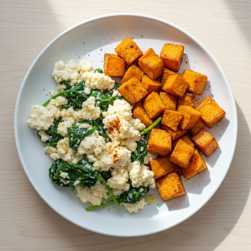 Cottage Cheese Scramble with Spinach and Roasted Sweet Potato