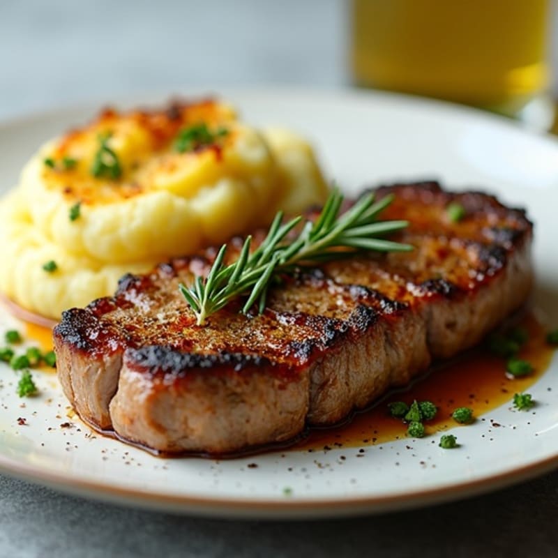 Herb-Crusted Pan Seared Steak with Roasted Garlic Smashed Potatoes