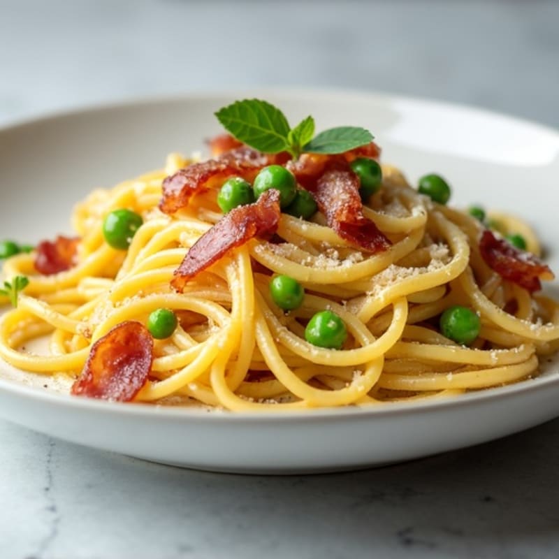 Creamy Lighter Carbonara Pasta with Crispy Prosciutto and Fresh Peas
