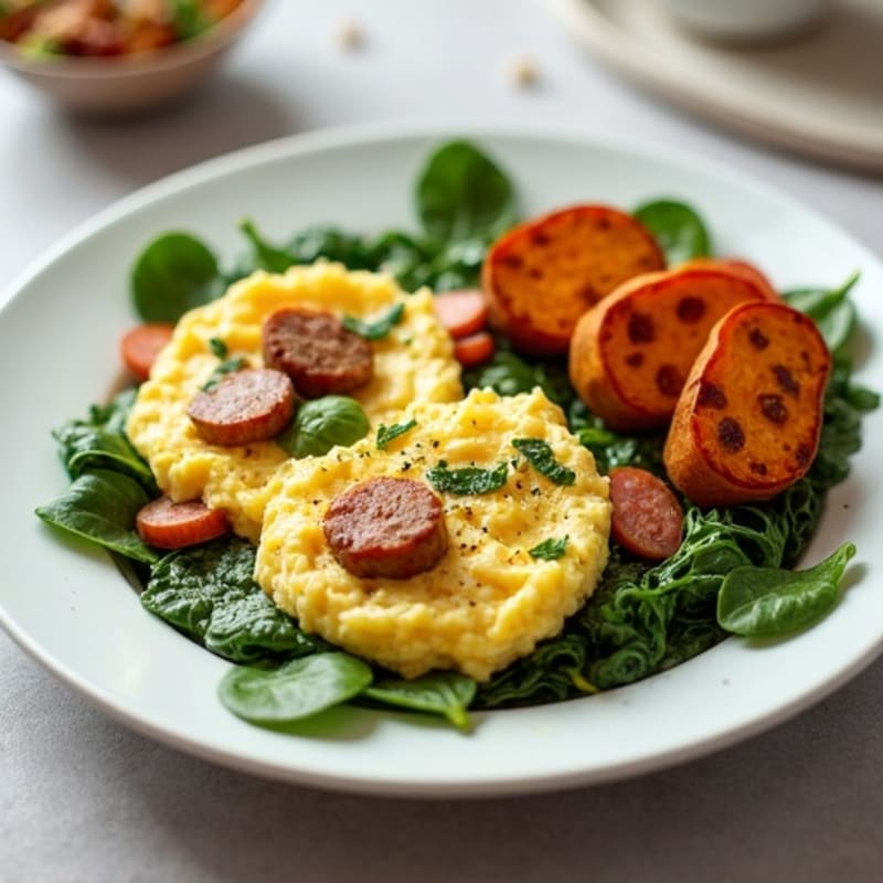 Egg White and Turkey Sausage Scramble with Spinach and Roasted Sweet Potato