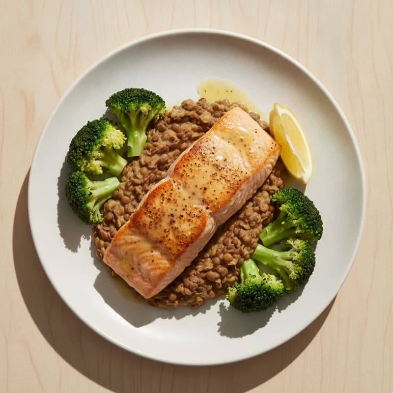 Seared Salmon with Steamed Broccoli and Lentil Mash