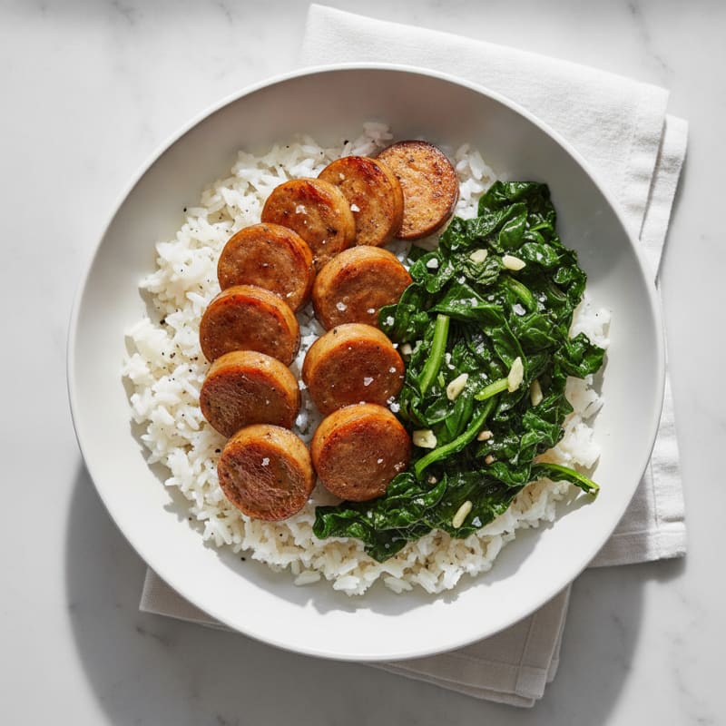 Beyond Sausage with Garlic Chard and Jasmine Rice