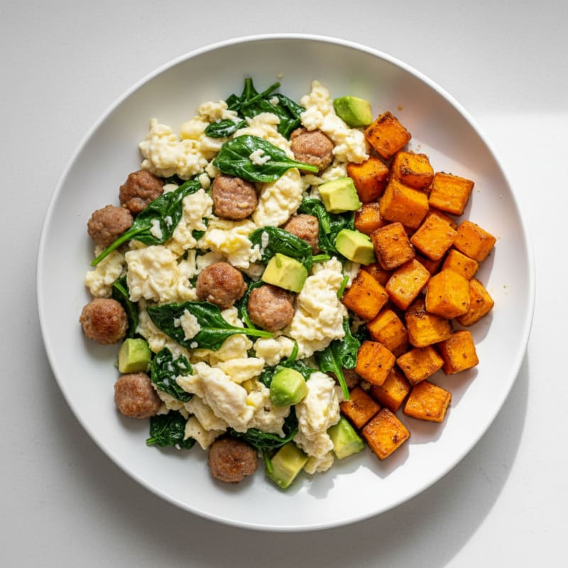 Egg White and Turkey Sausage Scramble with Spinach and Roasted Sweet Potato