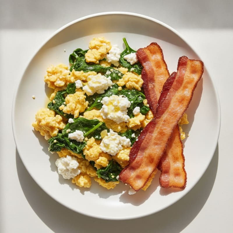 Cottage Cheese Egg Scramble with Spinach and Turkey Bacon