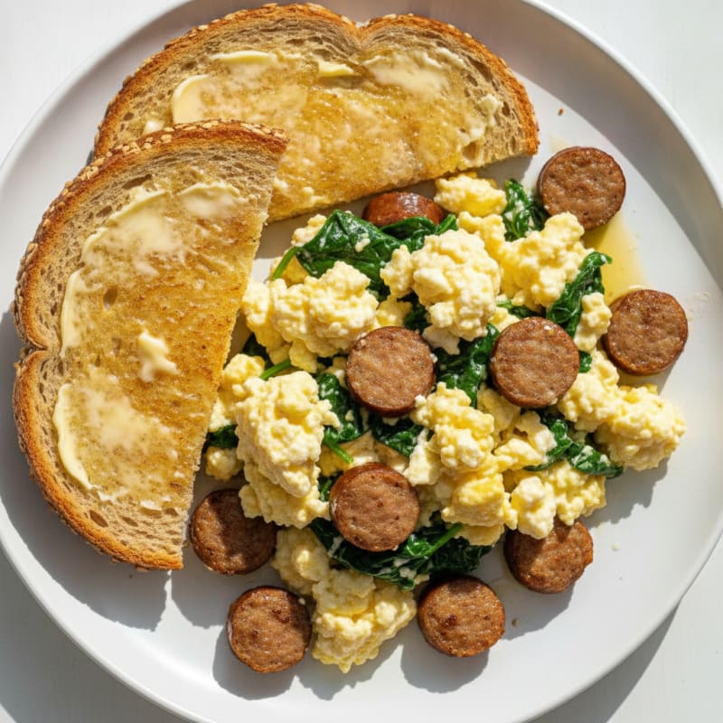 Cottage Cheese Egg Scramble with Spinach and Turkey Sausage