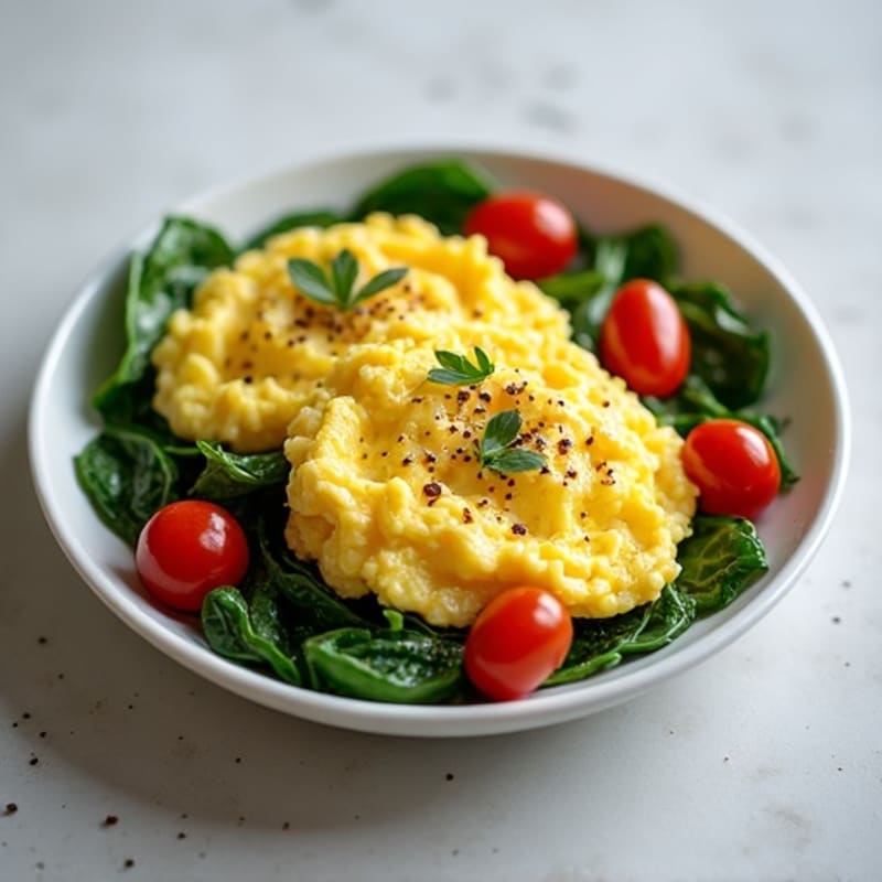 Fluffy Scrambled Eggs with Sautéed Spinach and Cherry Tomatoes