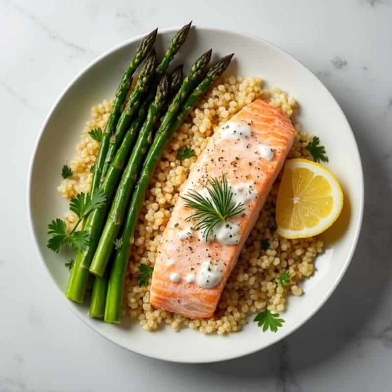 Creamy Lemon-Dill Salmon with Roasted Asparagus and Quinoa