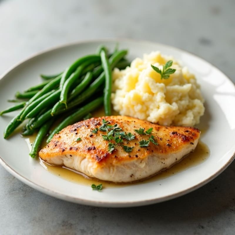 Pan-Seared Chicken with Creamy Garlic Mashed Potatoes and Crispy Green Beans