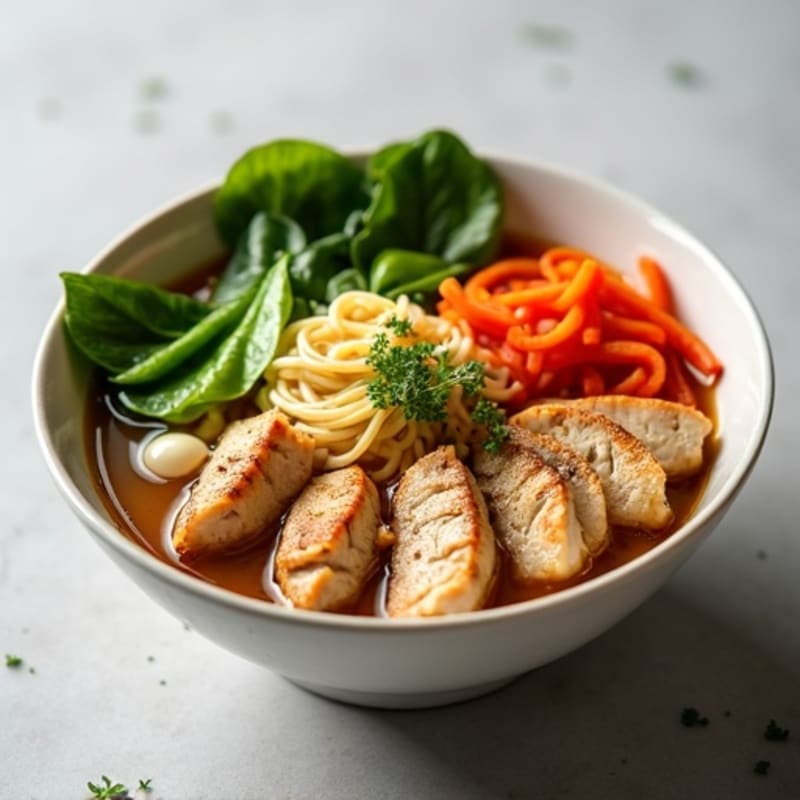 Brothy Ginger-Garlic Chicken Noodle Bowl with Crisp Vegetables