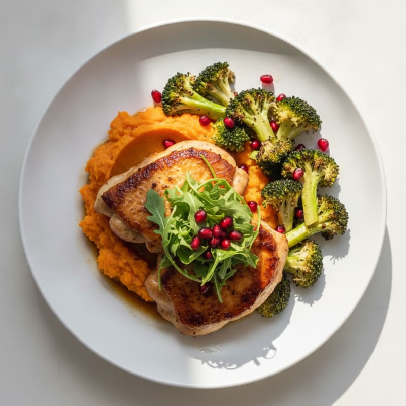 Seared Chicken Thighs with Roasted Broccoli and Sweet Potato Mash