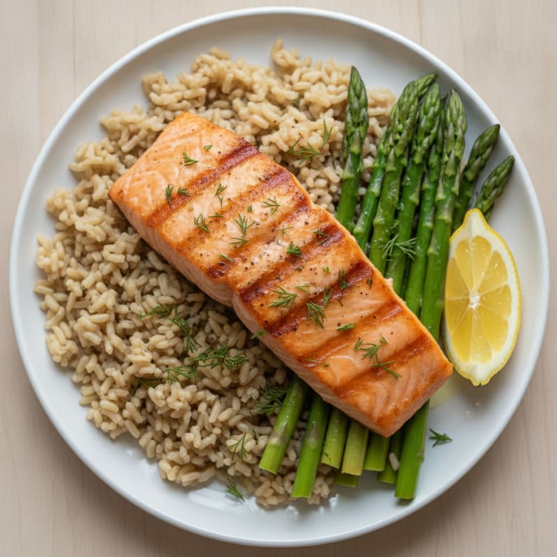 Seared Salmon with Steamed Asparagus and Brown Rice