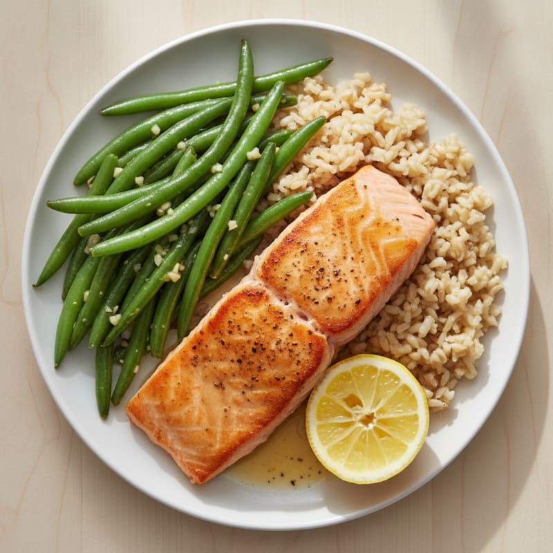 Seared Salmon with Garlic Green Beans and Brown Rice