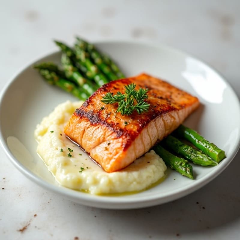 Seared Salmon with Asparagus and Cauliflower Mash