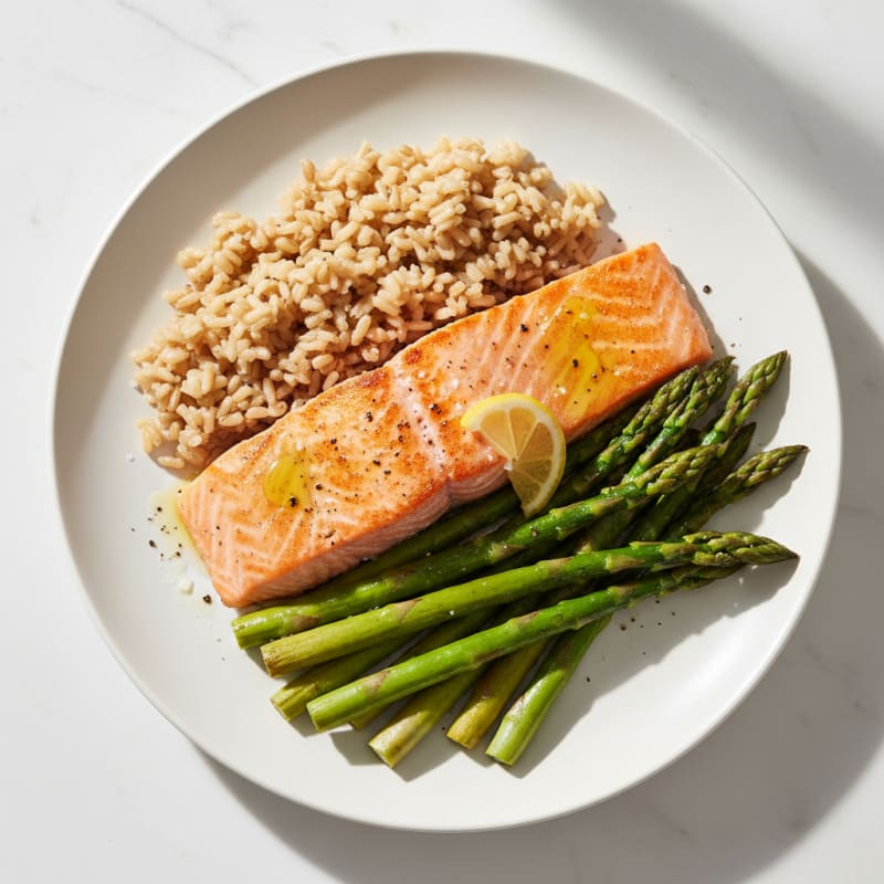 Seared Salmon Fillet with Steamed Asparagus and Brown Rice