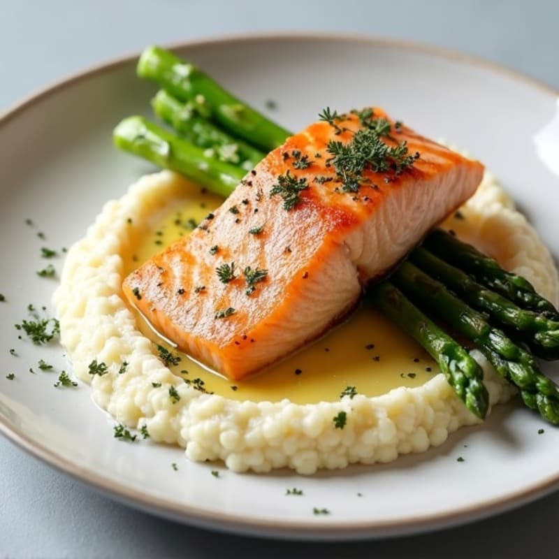 Seared Salmon Fillet with Roasted Asparagus and Cauliflower Mash