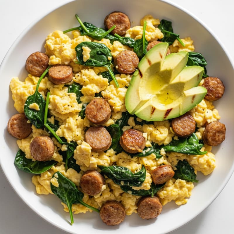 Crispy Turkey Sausage and Egg Scramble with Spinach
