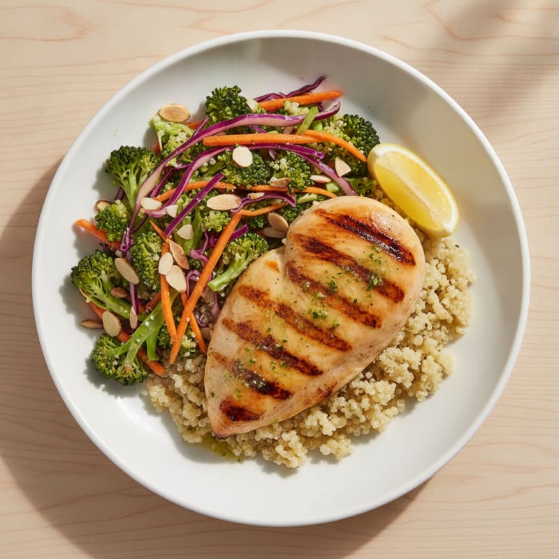 Grilled Chicken Breast with Quinoa and Crunchy Broccoli Slaw