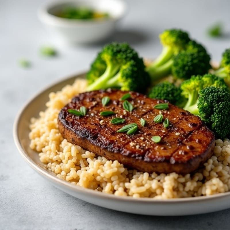 Lean Seared Beef with Roasted Broccoli and Fluffy Brown Rice