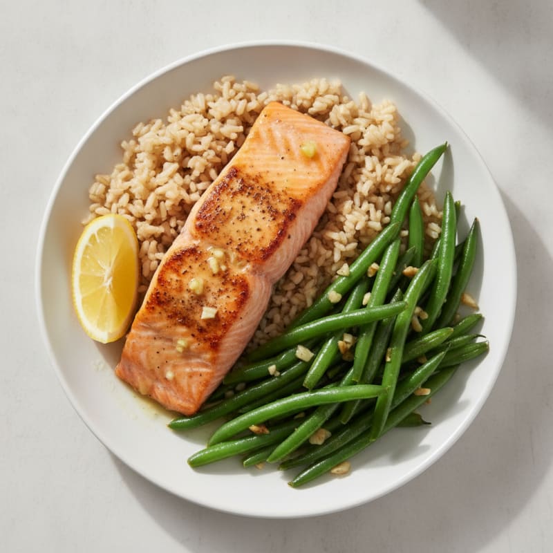 Seared Salmon with Garlic Green Beans and Brown Rice