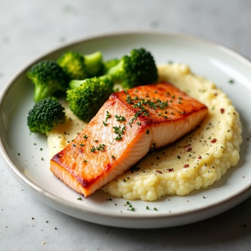 Seared Salmon with Steamed Broccoli and Cauliflower Mash