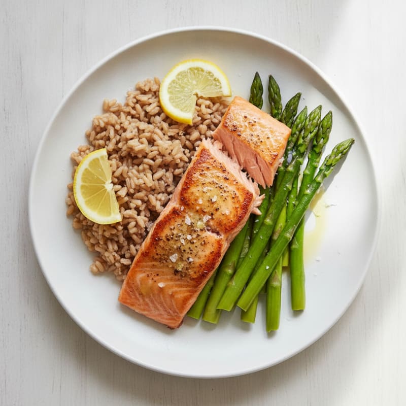 Seared Salmon with Steamed Asparagus and Brown Rice